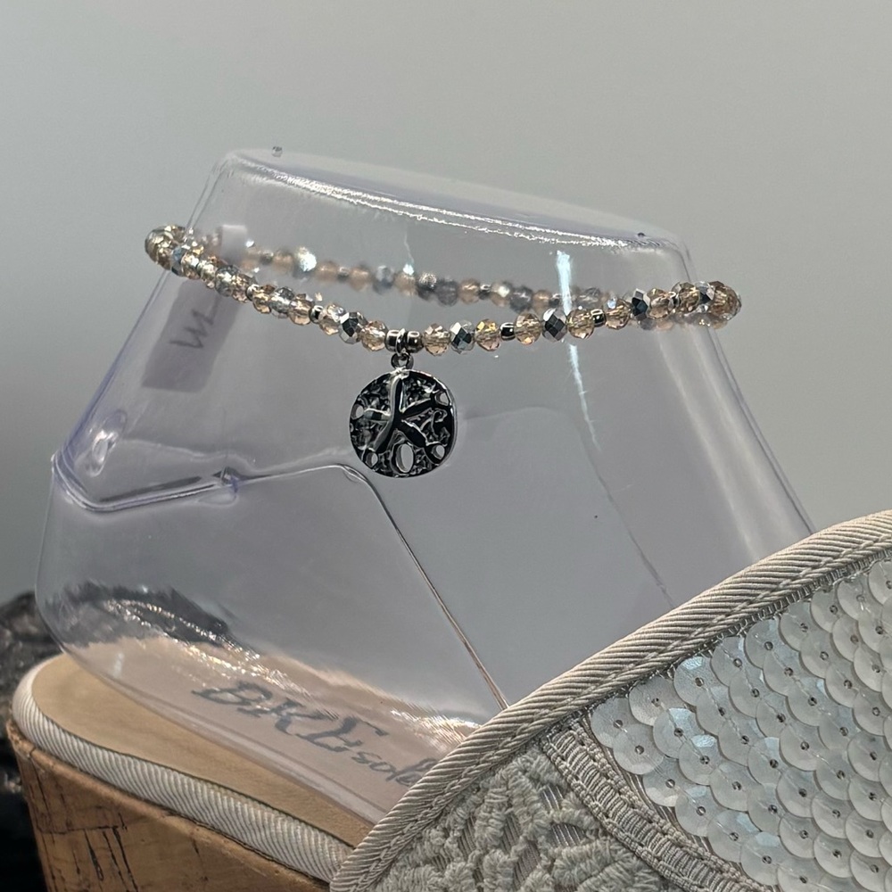 *ANKLET* S. Steel Silver Sand Dollar with Champagne Crystal Stretchy Anklet - Picture 3 of 7